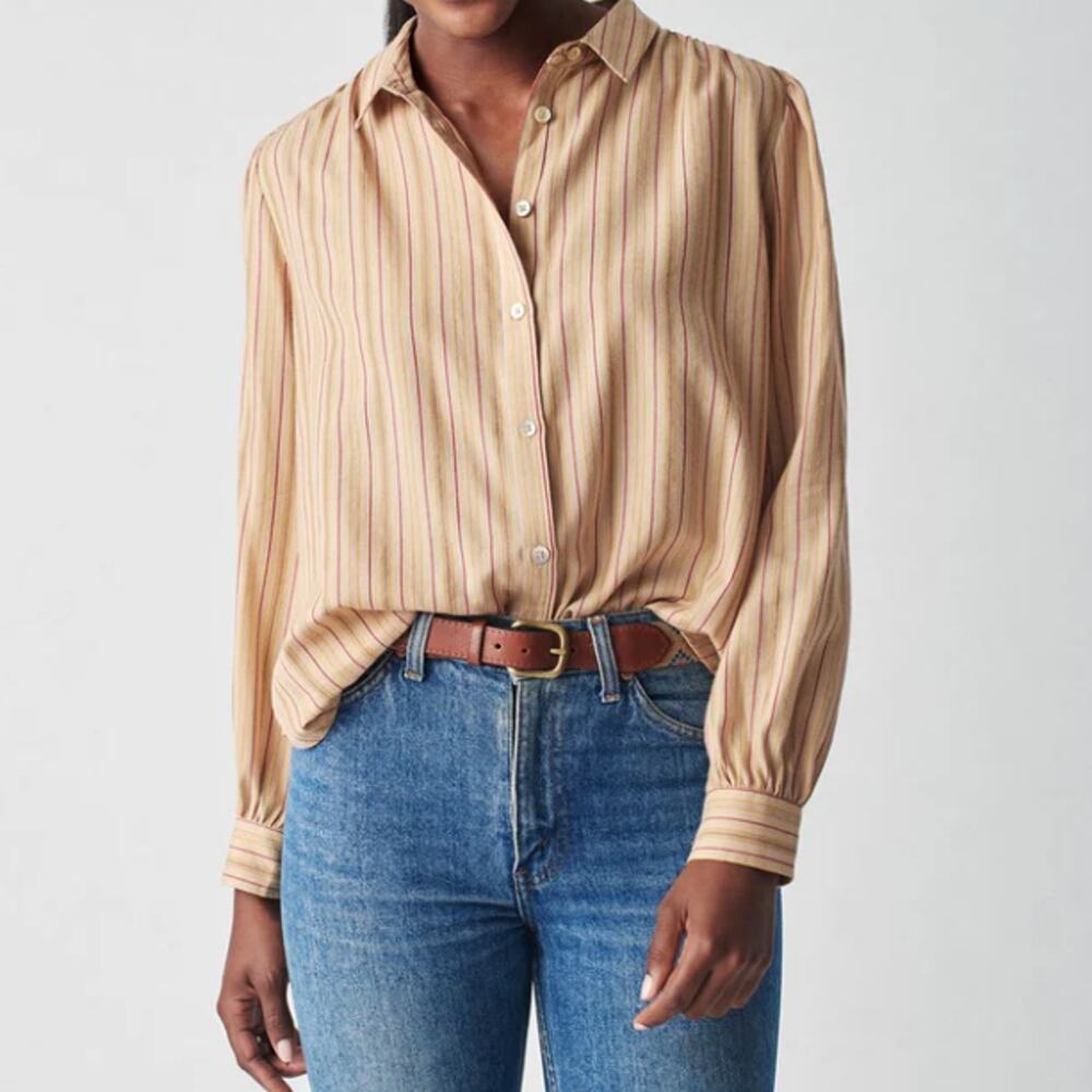 Faherty Byrd Stripe Blouse XS Beige Organic Cotton Peasant Boho Button Top